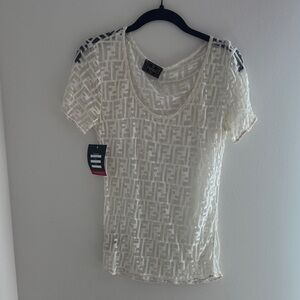Vintage Fendi Sheer Logo-Pattern White Short-Sleeve Women’s Top